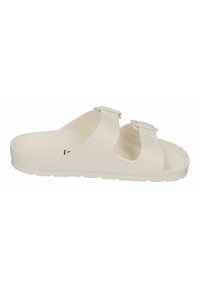 White slide sandal featuring two adjustable straps, made of soft material with a flat sole and textured footbed for grip.