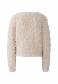 Licht beige fuzzy lange mouwen trui met een zachte, harige textuur en een ronde halslijn, van achteren weergegeven op een witte achtergrond.