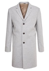 Abrigo de mezcla de lana gris con solapa de muesca, cierre de botones de un solo pecho, tres botones delanteros y bolsillos laterales. Forro interior suave.