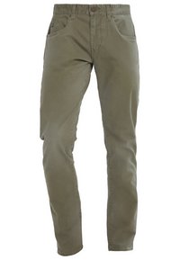 Olivově zelené bavlněné kalhoty s rovnými nohavicemi, pěti kapsami a kovovým zapínáním. Měkká textura s jemnými švy.