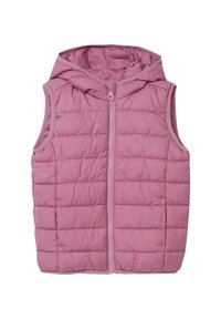 Ärmellose Steppweste in Mauve mit horizontaler Steppung, Frontreißverschluss mit Knopf und angenhertig Kapuze.