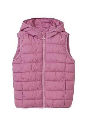 Gilet senza maniche imbottito in malva con trapuntatura orizzontale, zip frontale con bottone e cappuccio attaccato.