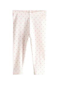 Vita ribbad leggings med rosa blommönster, med mjuk textur och elastisk midjeresår för komfort.