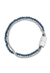 Blue stone beads and silver coils form a double-layer bracelet, featuring a cylindrical clasp with the brand name "BREIL" etched on it.
