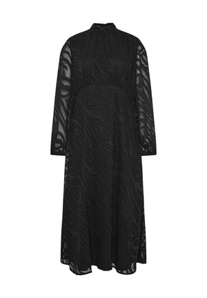 Schwarzes langärmliges Kleid aus transparenter, strukturierter Stoff mit wellenförmigem Muster und hohem Kragen; hat eine taillierte Taille und einen fließenden Rock.