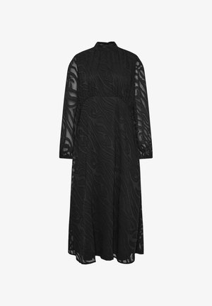 Vestito lungo nero a maniche lunghe realizzato in tessuto trasparente e testurizzato con un motivo ondulato e colletto alto; presenta una vita aderente e una gonna fluida.