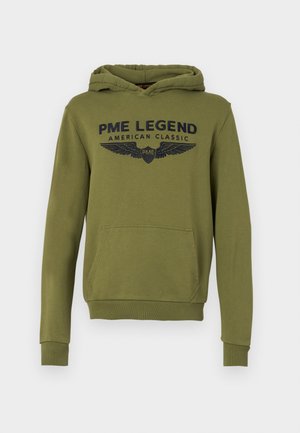 Žalias kapučino megztinis su priekiu kišene, su tamsiai mėlynu tekstu "PME LEGEND AMERICAN CLASSIC" ir sparnų grafika. Minkšta medžiaga, laisvas fasonas.
