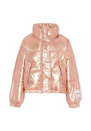 Giacca imbottita metallic rosa oro con colletto alto, bottoni a pressione, polsini elasticizzati e due tasche frontali. Presenta un design cropped e una patch con etichetta.