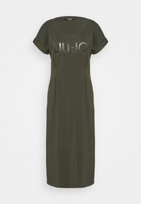 Khaki vihreä mekko lyhyillä käänteillä, jossa on pyöreä pääntie ja kohokuvioitu logo "LIU•JO" etupuolella. Yksinkertainen, suora leikkaus.