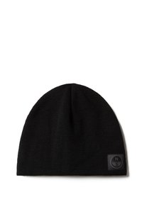 Berretto nero a maglia con finitura testurizzata, caratterizzato da una piccola toppa con logo nero sul lato. Materiale morbido, forma aderente e design senza cuciture.