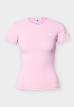 Ροζ ανοιχτό γυναικείο αθλητικό T-shirt Adidas σε στενή γραμμή με μανίκια κοντά και στρογγυλή λαιμόκοψη, με λευκό λογότυπο στο αριστερό μέρος του στήθους.