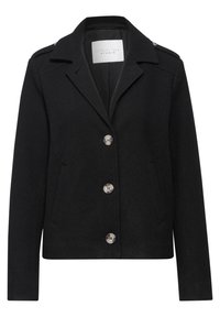 Giacca in misto lana nera con rever a notched, bottoni argentati, tasche laterali e spalline; fodera interna liscia.
