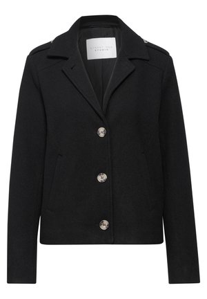 Czarna kurtka z mieszanki wełny z wyłogami, srebrnymi guzikami, bocznymi kieszeniami i epoletem na ramionach; gładka podszewka wewnętrzna.