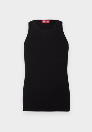 T-shirt sem mangas preta da Diesel com decote redondo, pequeno logotipo tonal no peito e etiqueta vermelha dentro do colarinho, sobre um fundo branco.