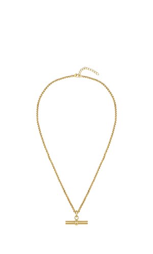 Goldene Halskette mit zylindrischem Toggle-Verschluss-Anhänger und verstellbarem Kettenverlängerer auf weißem Hintergrund.