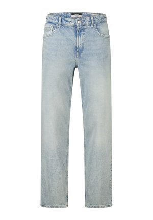 Hellblaue Jeans mit geradem Bein, vorderem Knopf und Reißverschluss, Gürtelschlaufen und Vorderentaschen, vor weißem Hintergrund dargestellt.