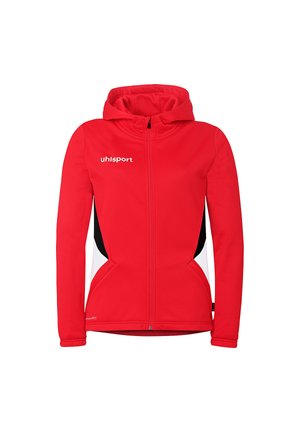 Rode hoodie met ritssluiting, zwart-witte zijpanelen, zakken aan de voorkant en een "uhlsport" logo op de borst.