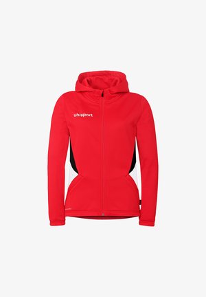 Veste à capuche rouge zippée avec panneaux latéraux noirs et blancs, poches avant, et logo "uhlsport" sur la poitrine.