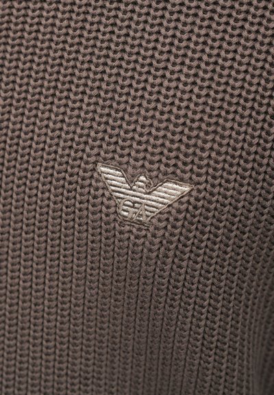 Rjavo pleteno pulover z teksturiranim tkanjem in majhnim vezenim emblemom z krili ter "GA" v središču.