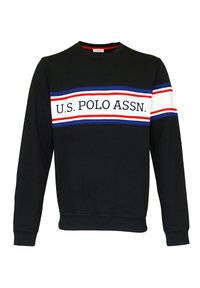 Svart sweatshirt med långa ärmar, rund halsringning och en horisontell rand med färgerna röd, vit och blå med texten "U.S. POLO ASSN."
