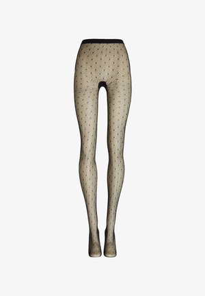 Schwarze Netzstrumpfhose mit Diamantmuster, transparenter Textur und breitem elastischem Bund. Entworfen für eine figurbetonte Silhouette.