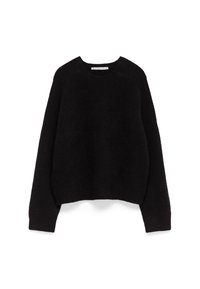 Schwarzer, langärmeliger Strickpullover mit gerippten Bündchen und Saum, Rundhalsausschnitt und einem kleinen weißen Markenlabel im Kragen.