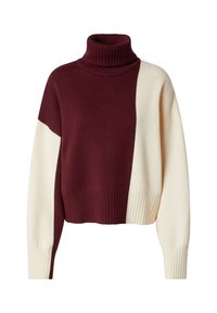 Strickpullover mit Rollkragen, der ein farbblockiertes Design in Burgunderrot und Creme aufweist, mit gerippten Bündchen und Saum. Cropped Fit.