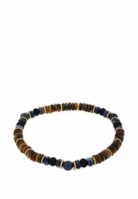 Collana di perline caratterizzata da una varietà di perline tonde e a forma di disco in marrone, blu e nero, con accenti dorati distribuiti qua e là.