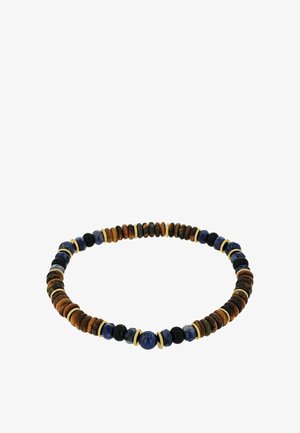 Perlenkette mit einer Vielzahl von runden und scheibenförmigen Perlen in Braun, Blau und Schwarz, durchzogen von goldenen Akzenten.