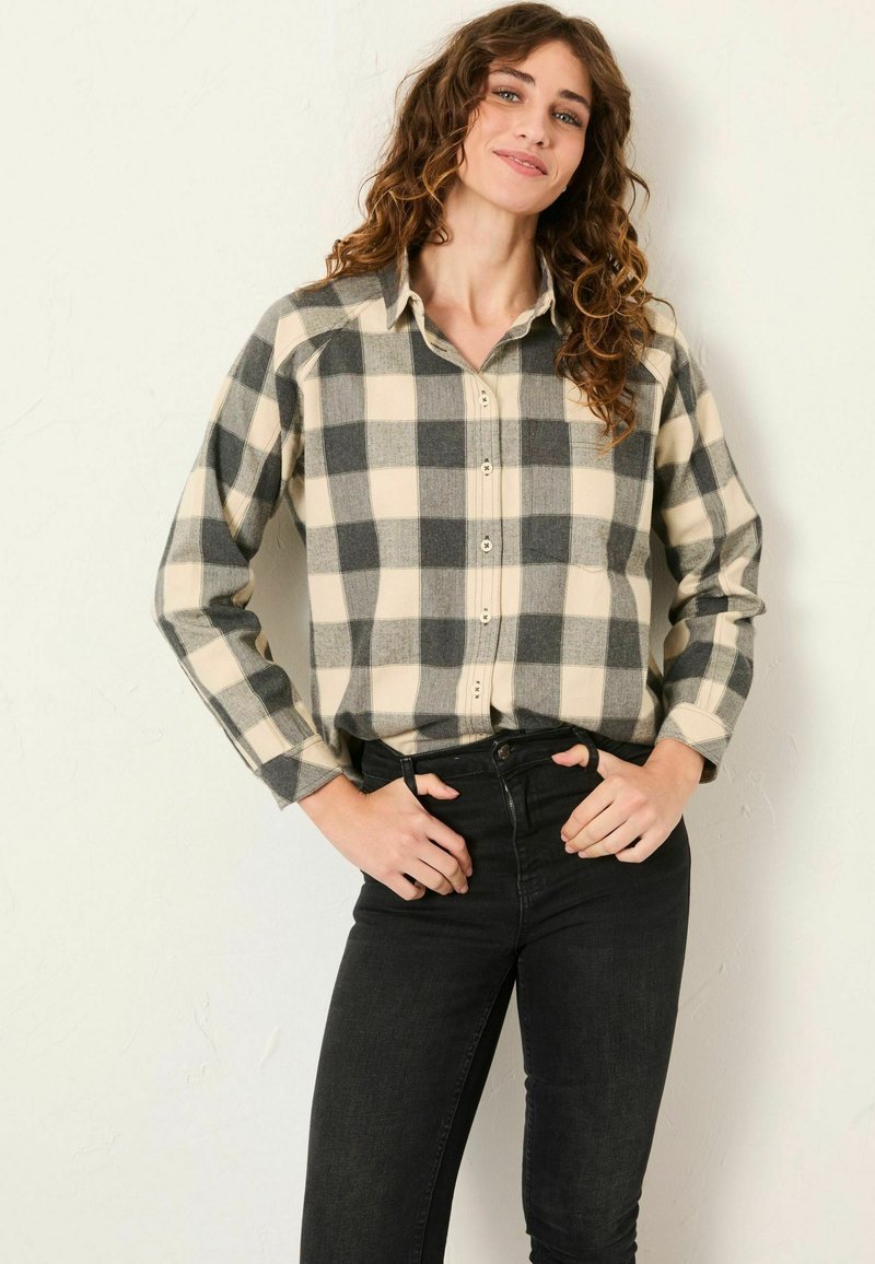 Gray and cream plaid flannel shirt with long sleeves, a button-down front, and a classic collar, paired with black jeans.