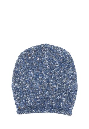 Blue and gray knitted wool beanie with a small round metal logo tag near the bottom edge.