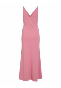 Robe longue rose sans manches avec un décolleté en V profond et une taille cintrée, s'évasant légèrement vers l'ourlet.