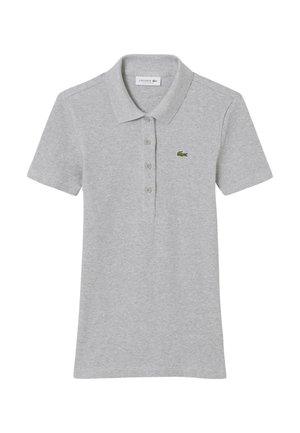 Grau Polohemd aus geripptem Stoff. Mit Kragen, Knopfleiste mit drei Knöpfen, kurzen Ärmeln und einem kleinen grünen Krokodillogo.