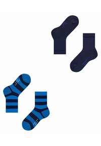 Calcetines azules con un patrón a rayas, que combinan tonos de azul oscuro y claro, con una textura suave y áreas de punta y talón reforzadas.