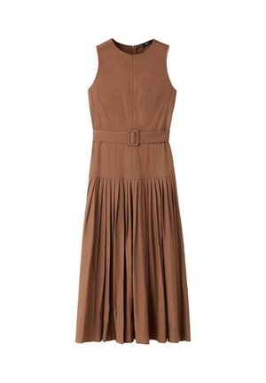 Brown, sleeveless dress with a rounded neckline, cinched waist using a belt, and pleated skirt design, made of a smooth fabric.