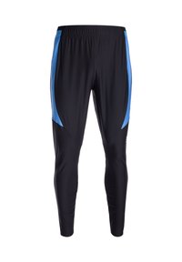 Zwarte sportbroek met blauwe zijkanten; heeft een elastische tailleband en een taps toelopende pasvorm. Gemaakt van lichtgewicht, ademend materiaal.