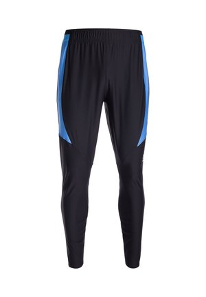 Schwarze Sporthosen mit blauen Seitenakzenten; verfügen über einen elastischen Bund und eine taillierte Passform. Hergestellt aus leichtem, atmungsaktivem Material.