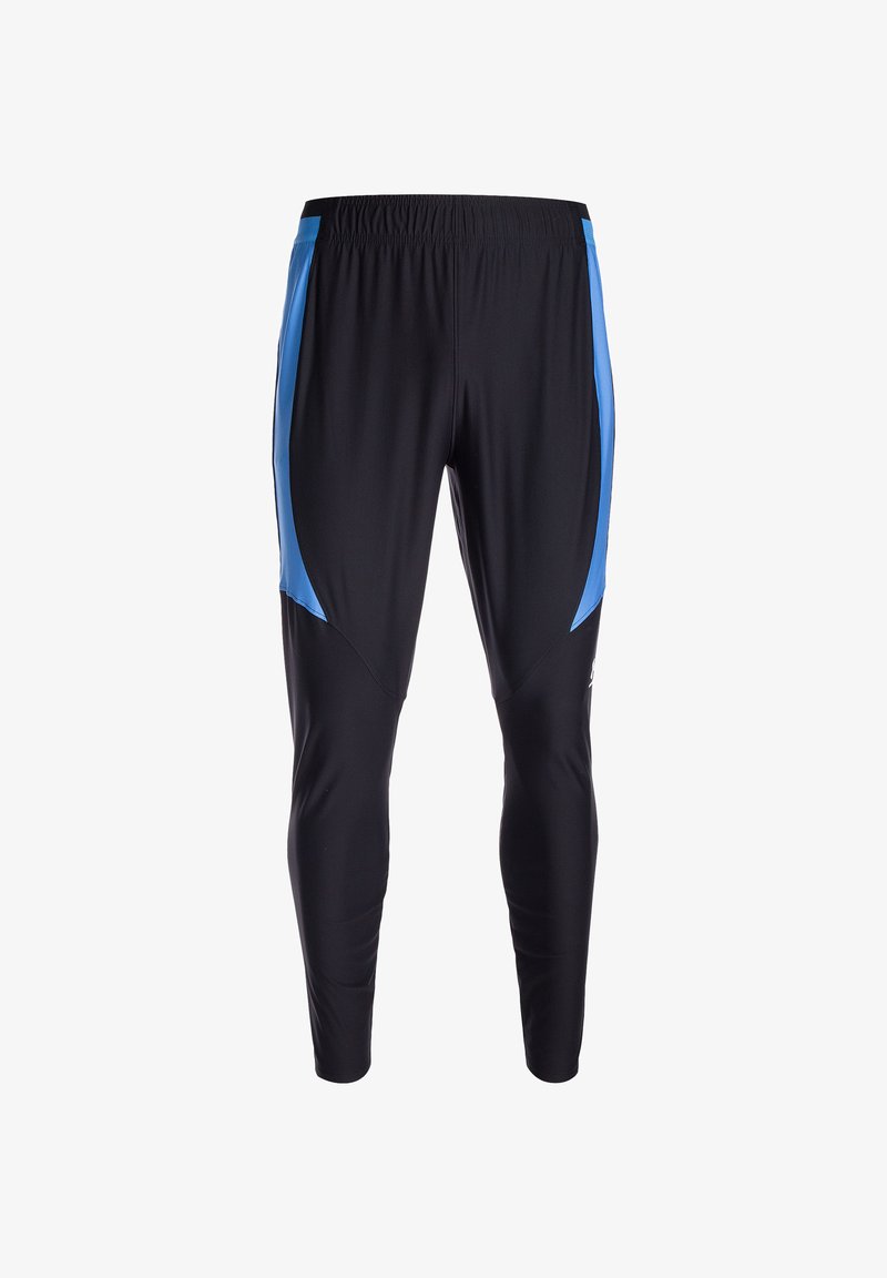 Schwarze Sporthosen mit blauen Seitenakzenten; verfügen über einen elastischen Bund und eine taillierte Passform. Hergestellt aus leichtem, atmungsaktivem Material.