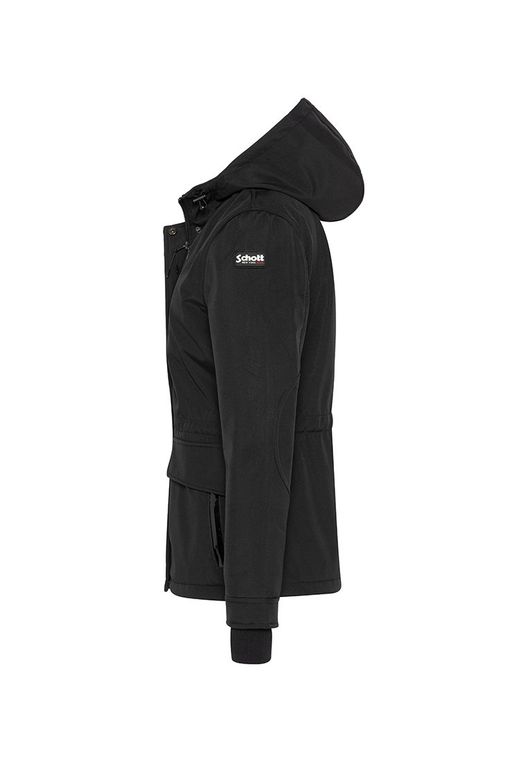 Veste noire imperméable avec capuche, présentant une taille ajustée, des poignets élastiques et des poches latérales. Logo sur l'épaule gauche. Texture lisse.