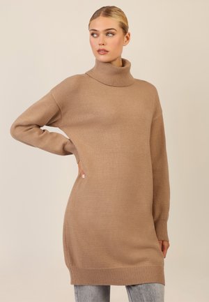 Beige Strickkleid mit hohem Kragen, lässiger Passform und gerippten Bündchen. Weiche Textur, knielang und minimalistisches Design.