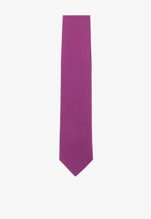 Solid purple men's necktie with a smooth texture, displayed against a white background.