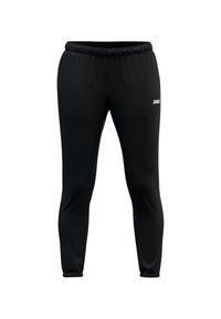 Pantalons de sport noirs avec une taille élastique à cordon de serrage, jambes fuselées et un logo « JAKO » imprimé sur le côté droit. Texture lisse, sans motifs.