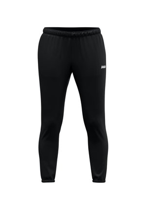 Pantalons de sport noirs avec une taille élastique à cordon de serrage, jambes fuselées et un logo « JAKO » imprimé sur le côté droit. Texture lisse, sans motifs.