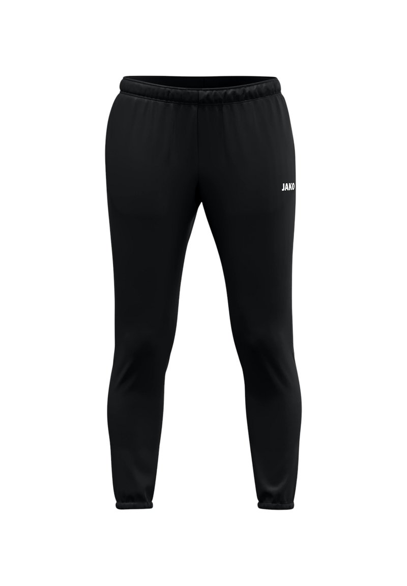 Pantalons de sport noirs avec une taille élastique à cordon de serrage, jambes fuselées et un logo « JAKO » imprimé sur le côté droit. Texture lisse, sans motifs.