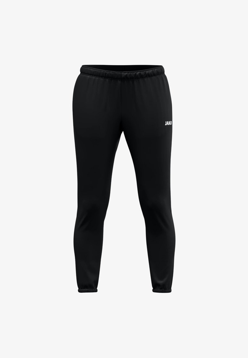 Pantaloni sportivi neri con vita regolabile, gambe tapered e logo stampato "JAKO" sul lato destro. Tessuto liscio, senza motivi.