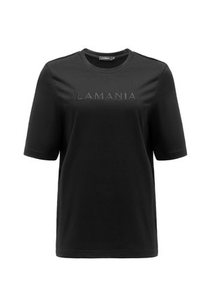 Čierne bavlnené tričko s krátkymi rukávmi a okrúhlym výstrihom. Na prednej strane je vyrazený nápis "LAMANIA", má hladkú textúru a rovný strih.