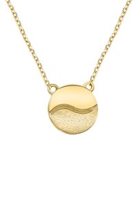 Guldhänge med en rund skiva som har en polerad övre hälft och en texturerad nedre hälft, kopplad med en delikat guldkedja.