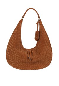 Braune Wildleder-Handtasche mit gewebter Struktur, geschwungener Form und einem einzelnen Schulterriemen. Ausgestattet mit einem Reißverschlussverschluss und einem kleinen Lederanhänger.