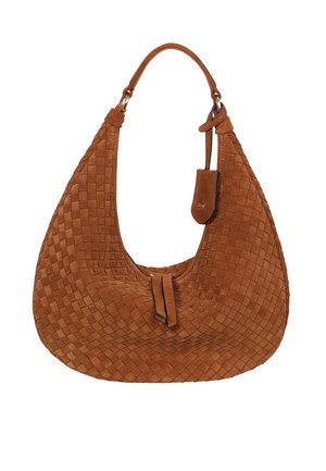 Brown suede handbag with a woven texture, curved shape, and a single shoulder strap. Features a zipper closure and a small leather tag.
