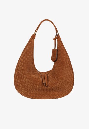 Brown suede handbag with a woven texture, curved shape, and a single shoulder strap. Features a zipper closure and a small leather tag.